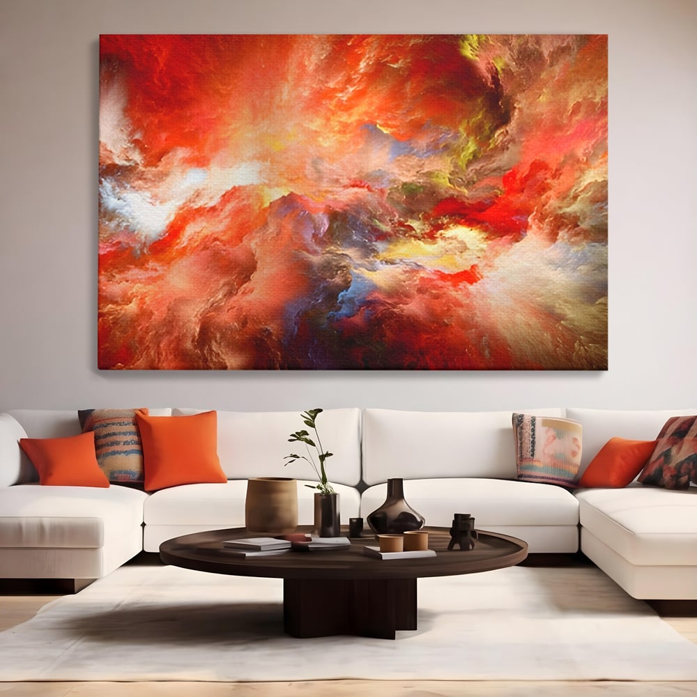 Tablou canvas cu pictura abstracta cu nori rosii, fara rama, pe sasiu de lemn, pe perete intr-un living